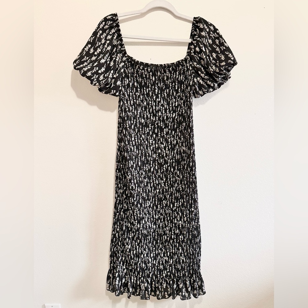 Floral Dress | Stretchy Smocked Elastic Body Puff Sleeves | Wedding Guest Dress